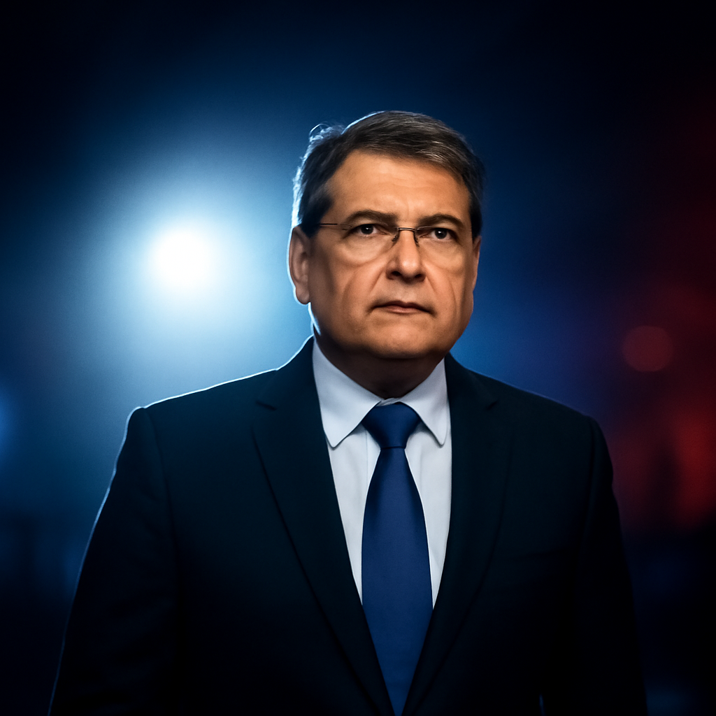 AI-generated editorial illustration for: Regresa a Honduras Juan Orlando Hernández, expresidente indultado por Trump tras condena por narcotráfico