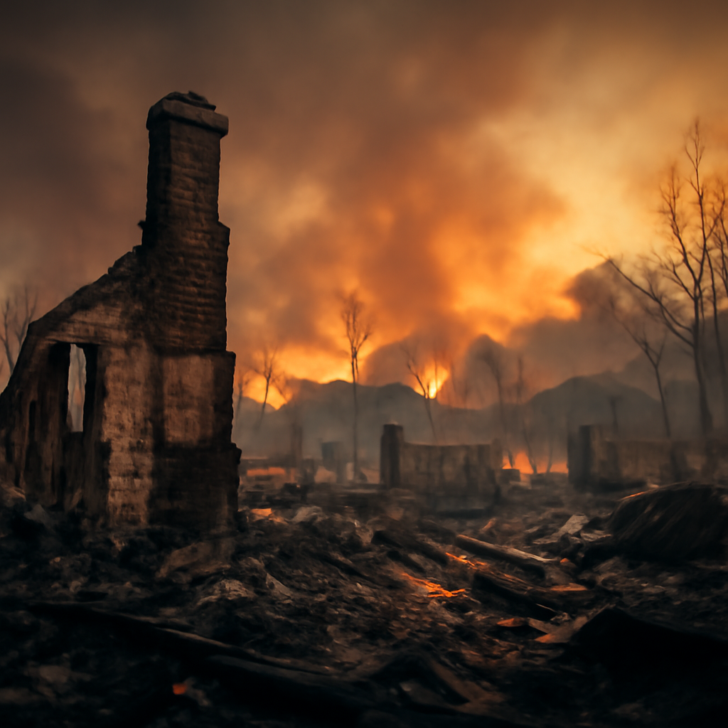 AI-generated editorial illustration for: Casas calcinadas y cenizas en los vecindarios: el impacto de los incendios en Lège-Cap-Ferret