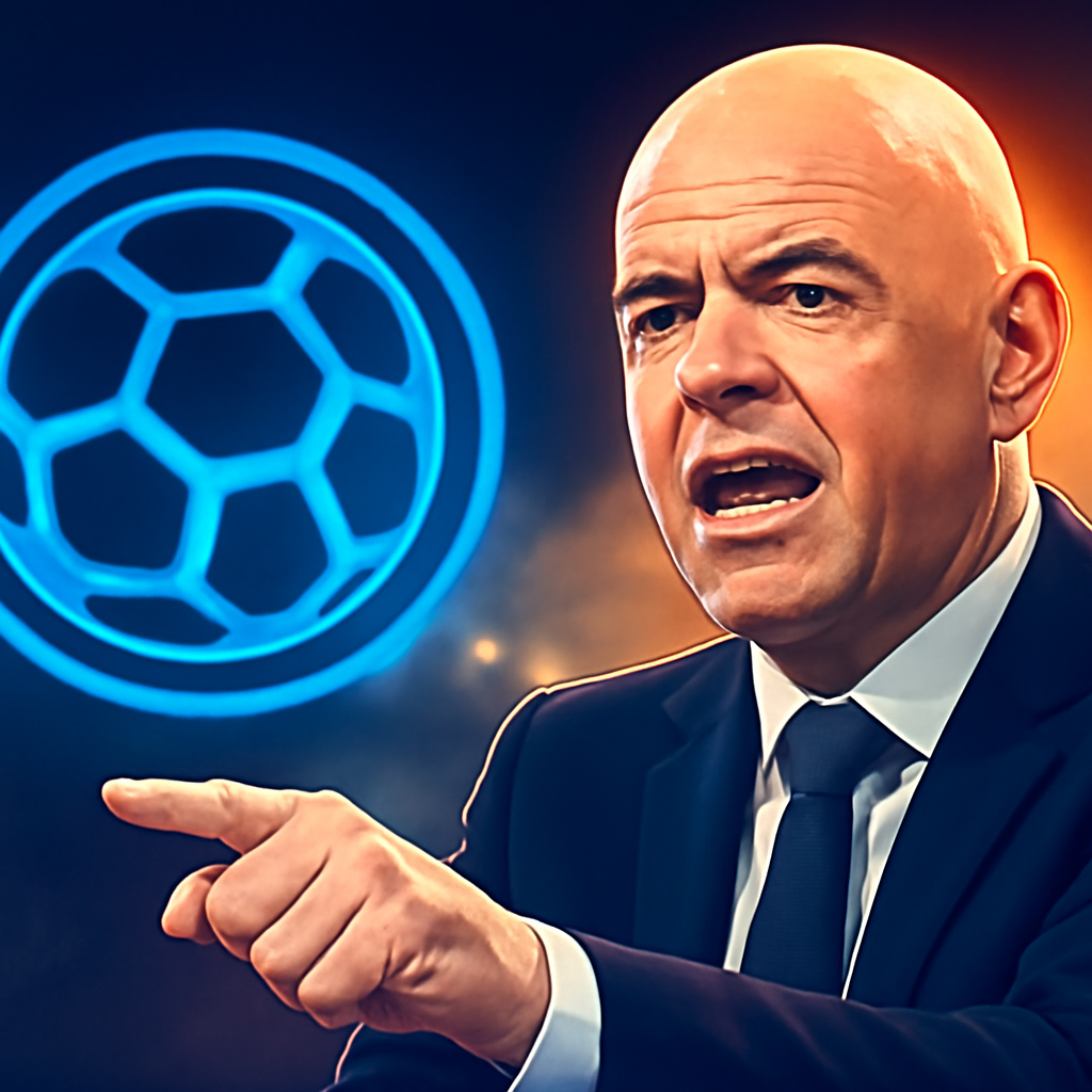 AI-generated editorial illustration for: FIFA's Infantino lashes out at critics he says spread 'hate and false rumors' about World Cup