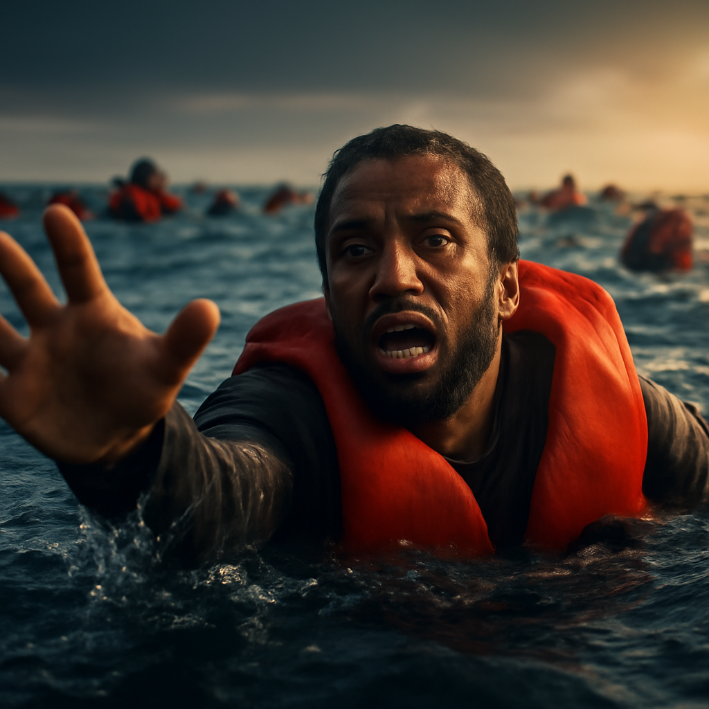 AI-generated editorial illustration for: Spain: Hundreds of migrants attempt to swim toward Ceuta