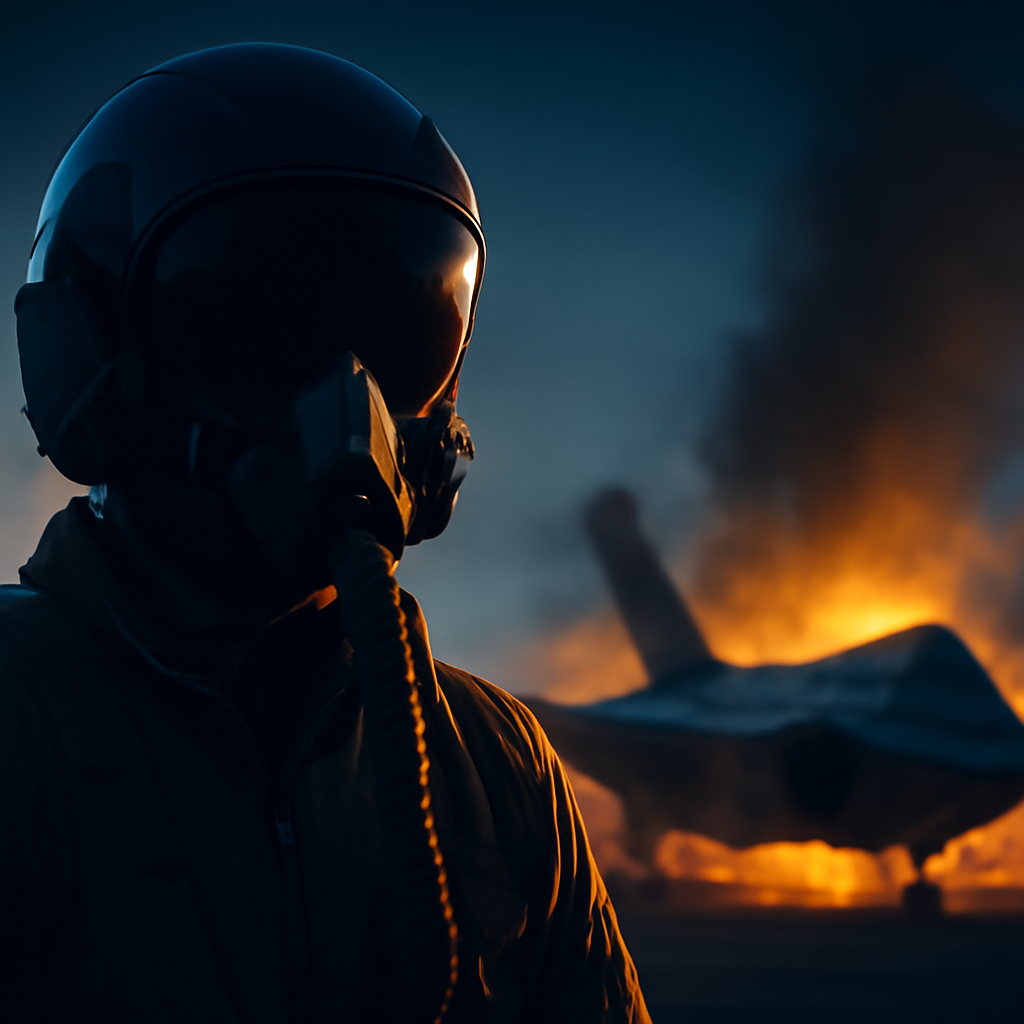 AI-generated editorial illustration for: Marine Corps says F-35B jet crashed in California, pilot in stable condition after ejecting