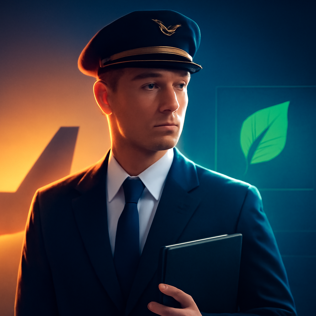AI-generated editorial illustration for: Un pilote, pris par sa conscience écologique, a quitté son métier polluant pour devenir avocat
