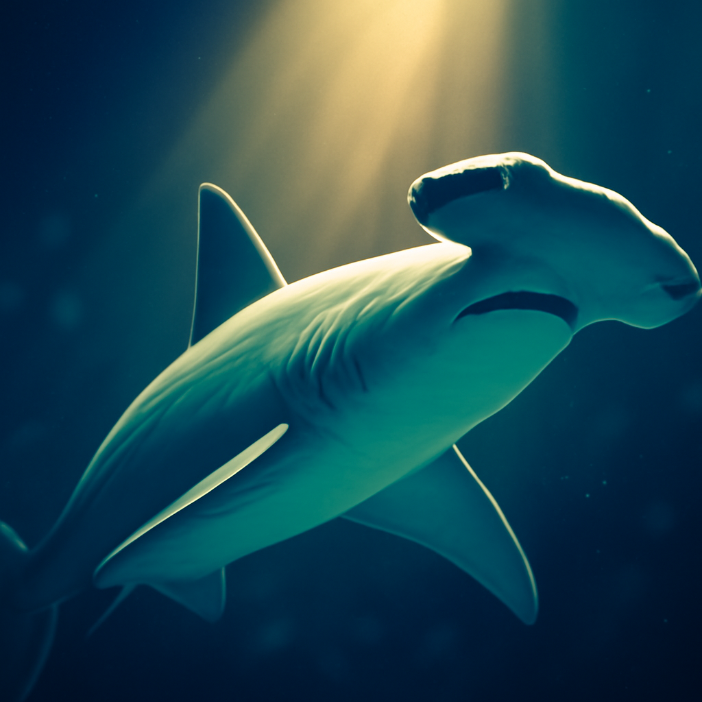 AI-generated editorial illustration for: El tiburón martillo, un gigante que nace a la par de los manglares
