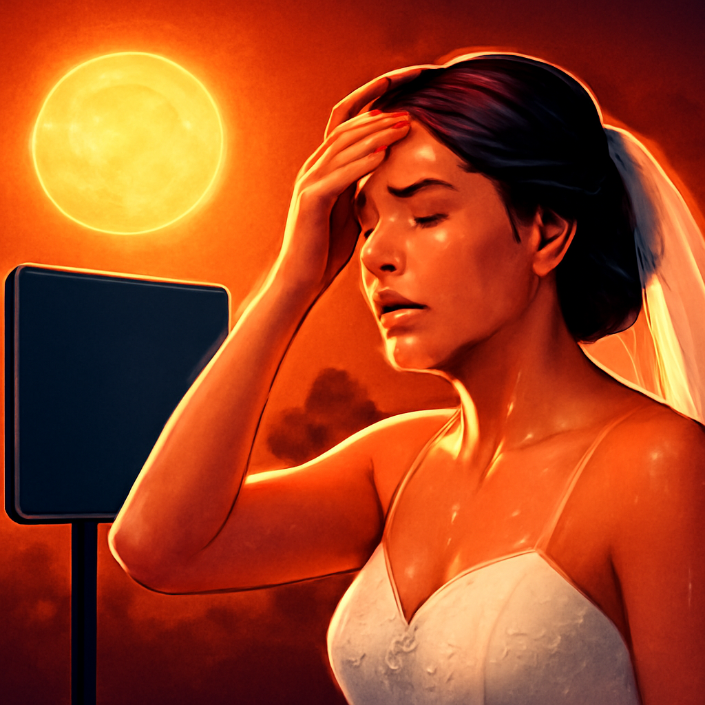 AI-generated editorial illustration for: What heatwaves mean for summer weddings – and how to plan for one