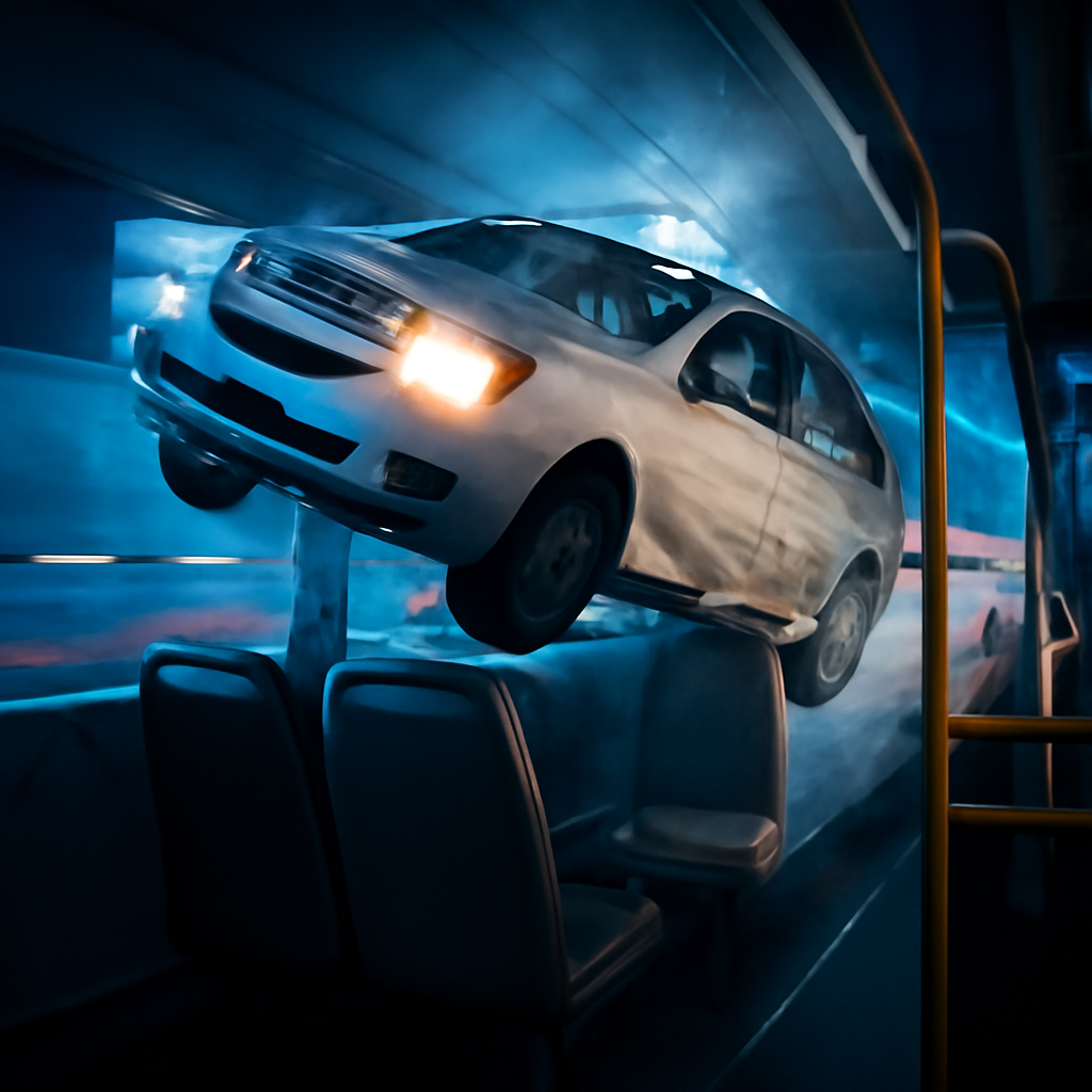 AI-generated editorial illustration for: New vision shows moment airborne car hit Brisbane bus