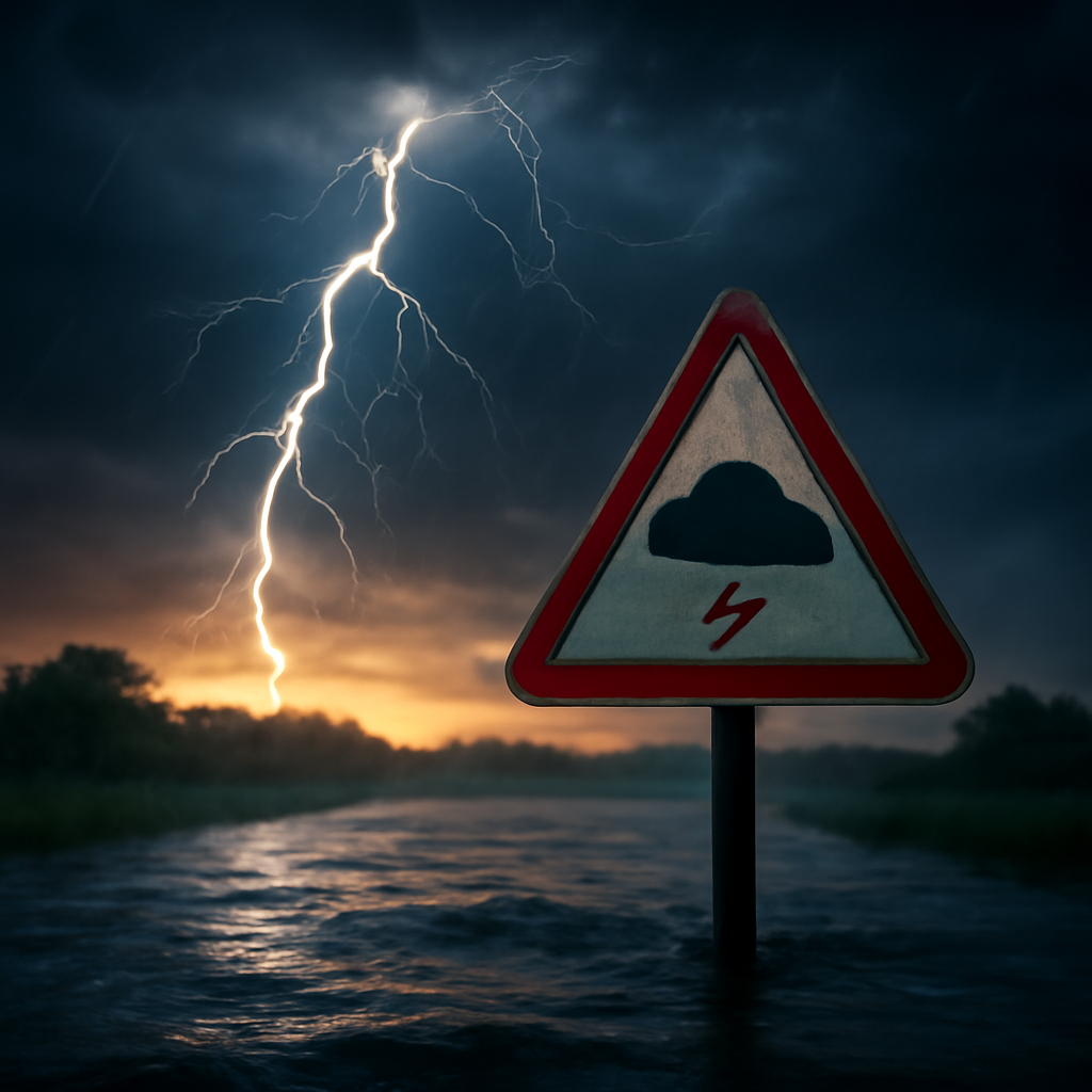 AI-generated editorial illustration for: Thunderstorms and flash flood risk on final day of UK heatwave