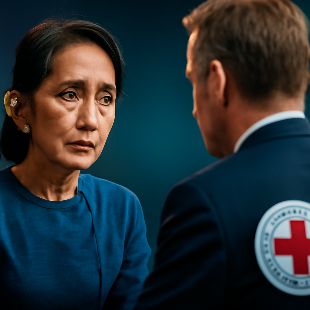 AI-generated editorial illustration for: Aung San Suu Kyi se reúne con la Cruz Roja por primera vez desde el golpe militar de 2021