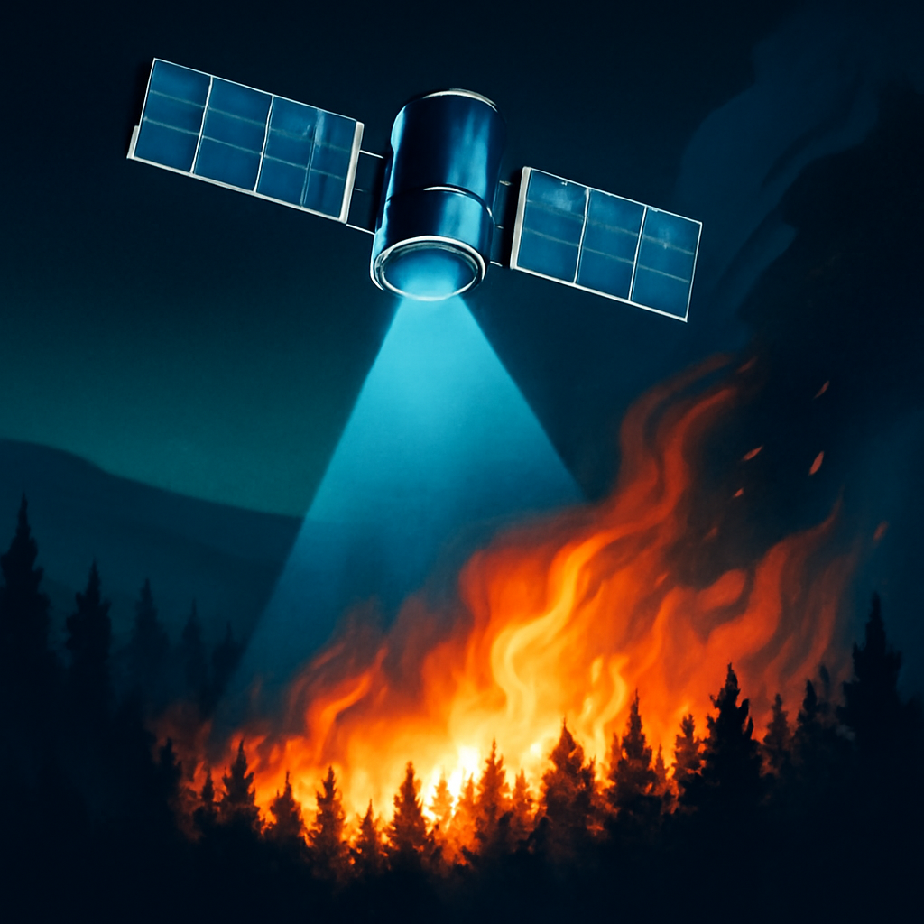 AI-generated editorial illustration for: How satellites and AI cameras are detecting wildfires before they get out of control