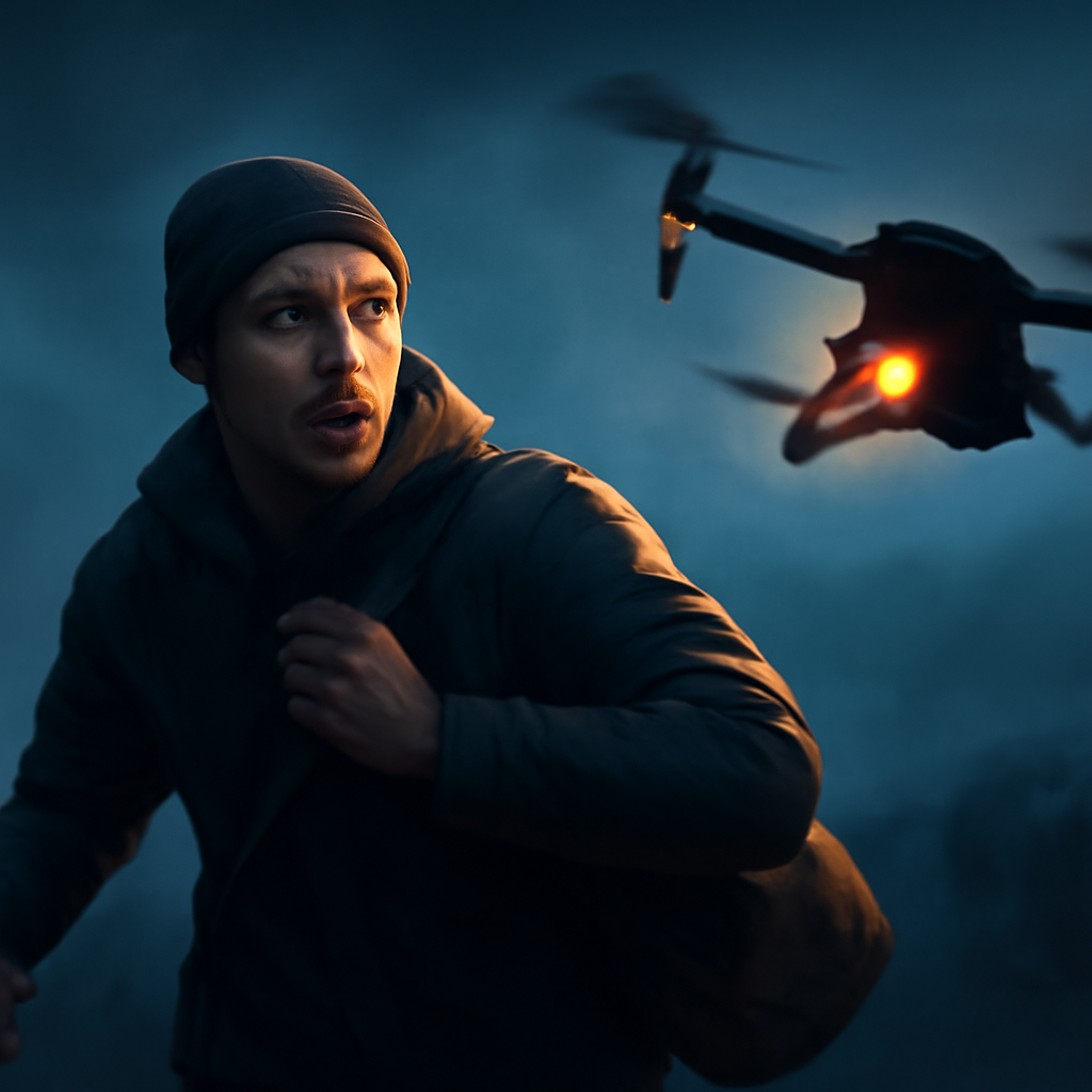 AI-generated editorial illustration for: "Safari humano": el video que muestra cómo un dron ruso persigue a un vendedor ambulante ucraniano antes de explotar