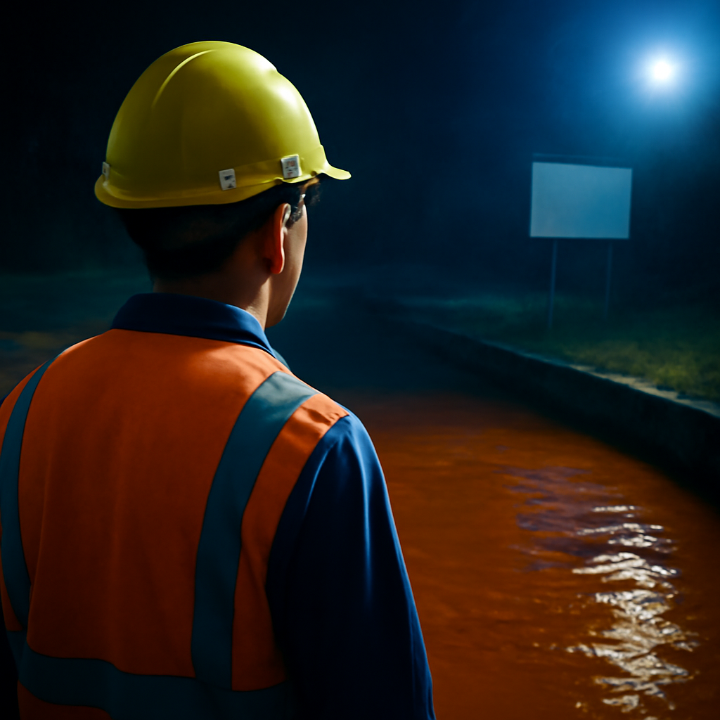 AI-generated editorial illustration for: Queensland builder fined over rust-coloured canal pollution