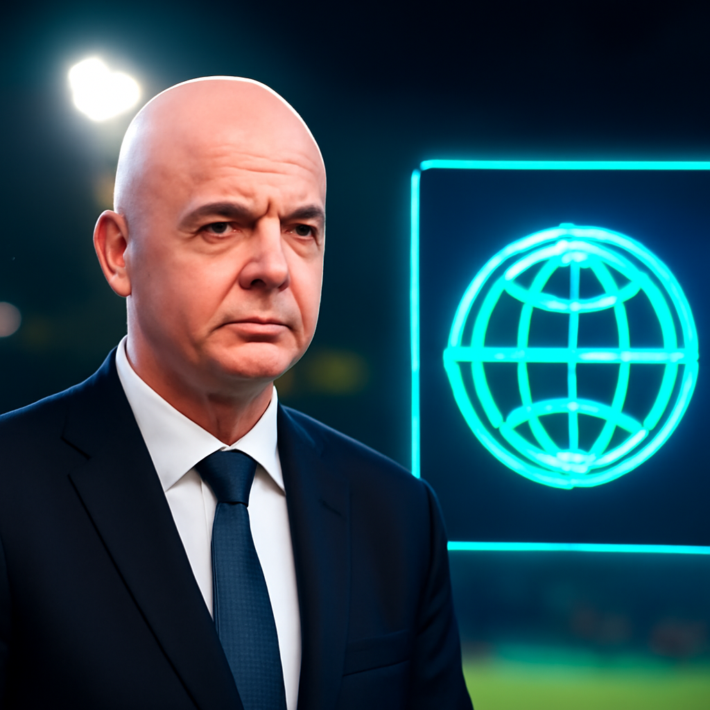 AI-generated editorial illustration for: FIFA pledges 'full support' for Infantino and apologises for sell-off plan