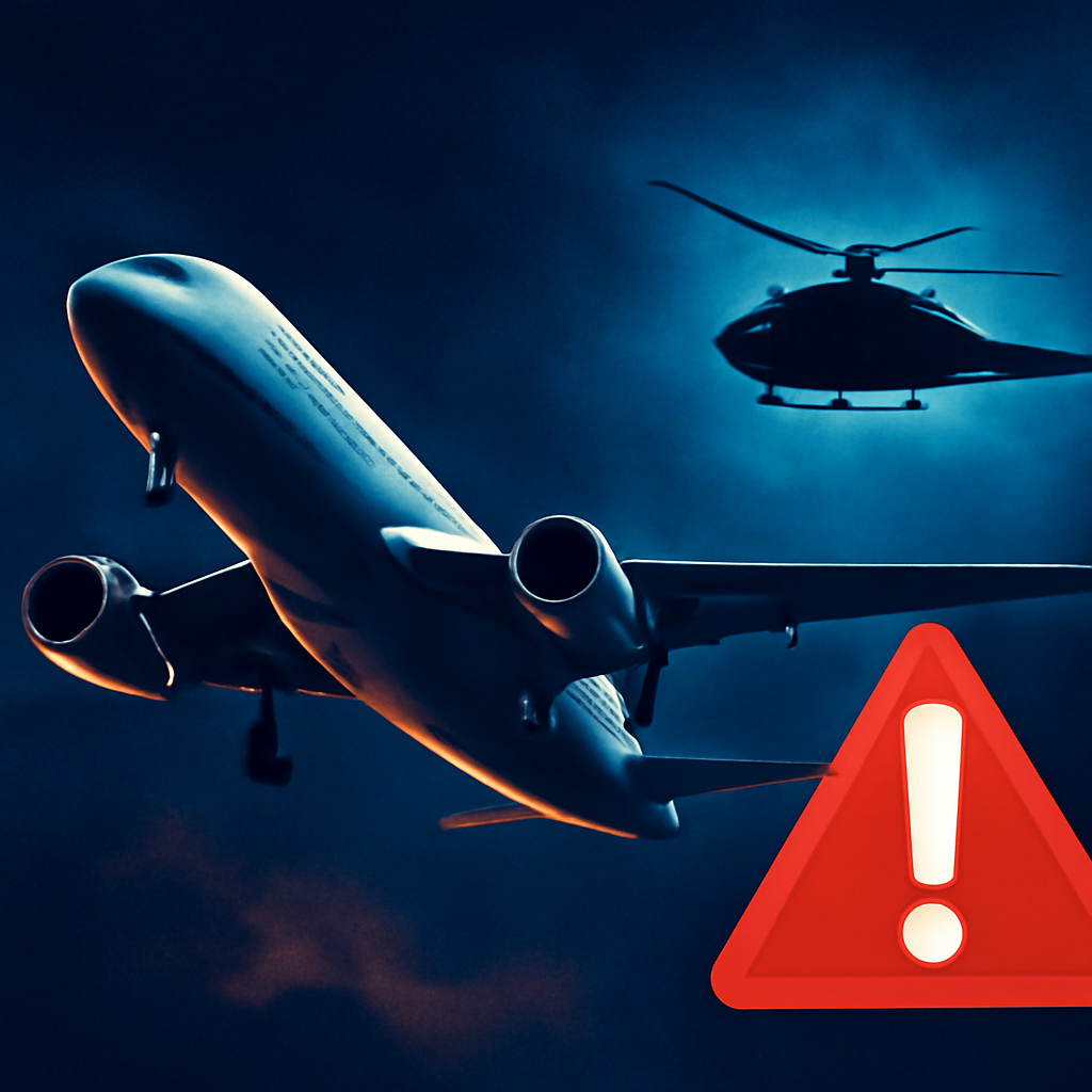 AI-generated editorial illustration for: Plane takeoff during Marine One flight renews concerns about D.C.'s busy airspace