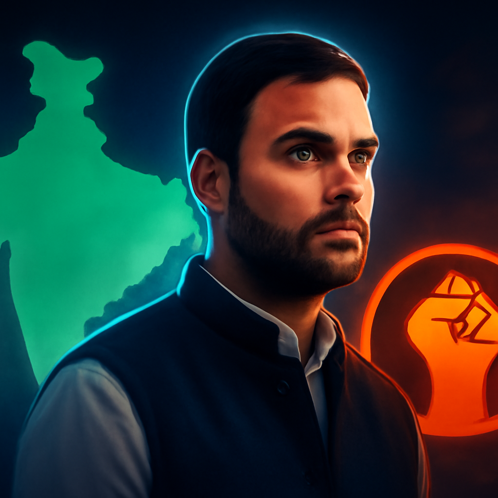 AI-generated editorial illustration for: Gen-Z, सपा से जल्दी डील... 'मिशन UP' के लिए राहुल का 3-स्टेप प्लान