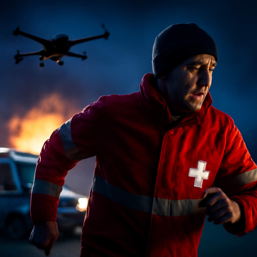 AI-generated editorial illustration for: 'I ran because I knew I would die': Russian drones target medics in Ukraine