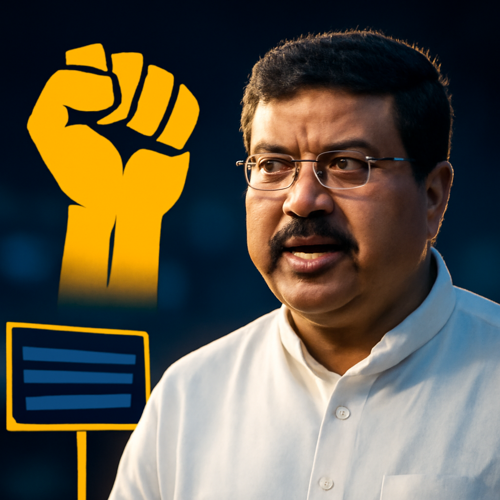AI-generated editorial illustration for: Dharmendra Pradhan: 'मैं किसान का बेटा, वापस आऊंगा', स्तीफे के 15 दिन बाद शिक्षा मंत्री; जेन-जी पर क्या बोले?