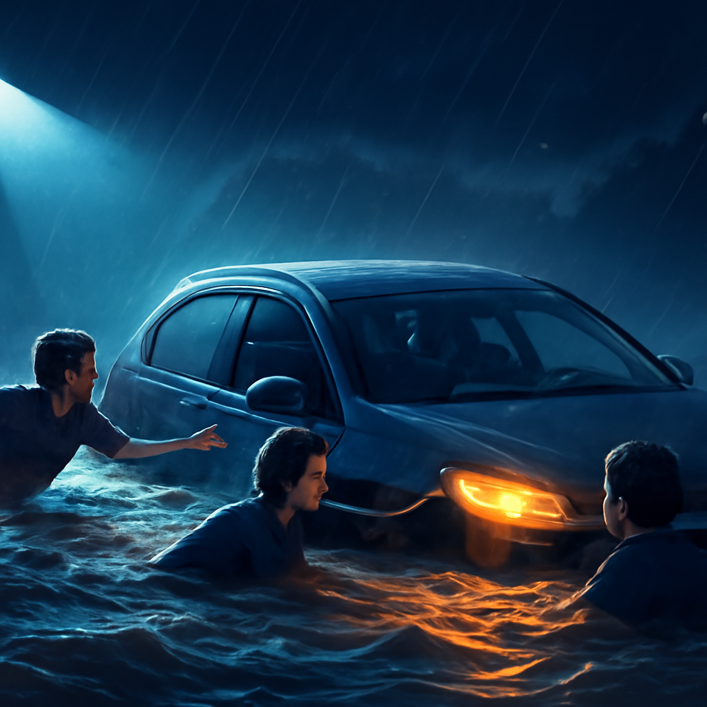 AI-generated editorial illustration for: Three rescued from flood waters after SA's weekend deluge