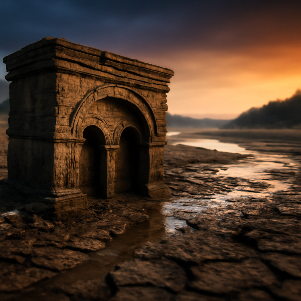 AI-generated editorial illustration for: Danube's critically low level reveals relics from the past