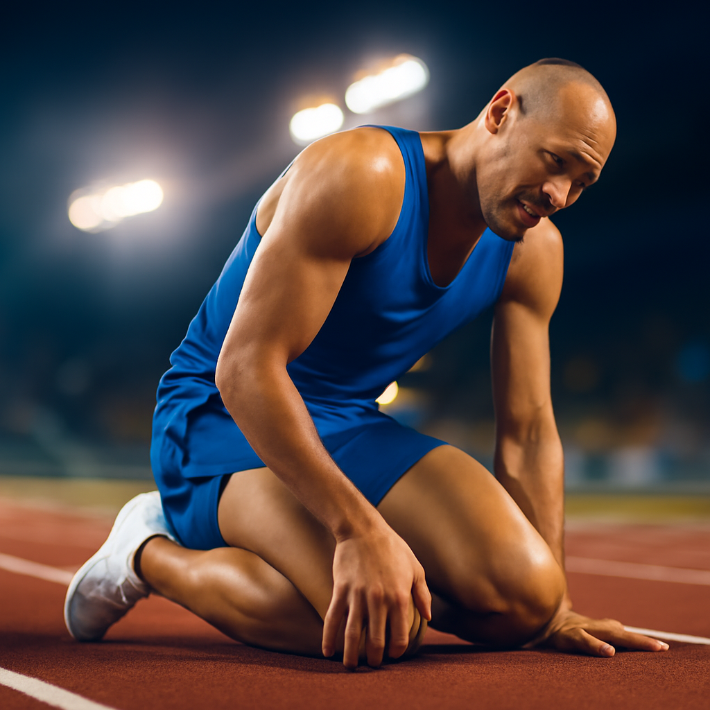 AI-generated editorial illustration for: El gran favorito, Marcell Jacobs, se lesiona a los 40 metros y deja al británico Romell Glave la victoria en los 100m de los Europeos de atletismo