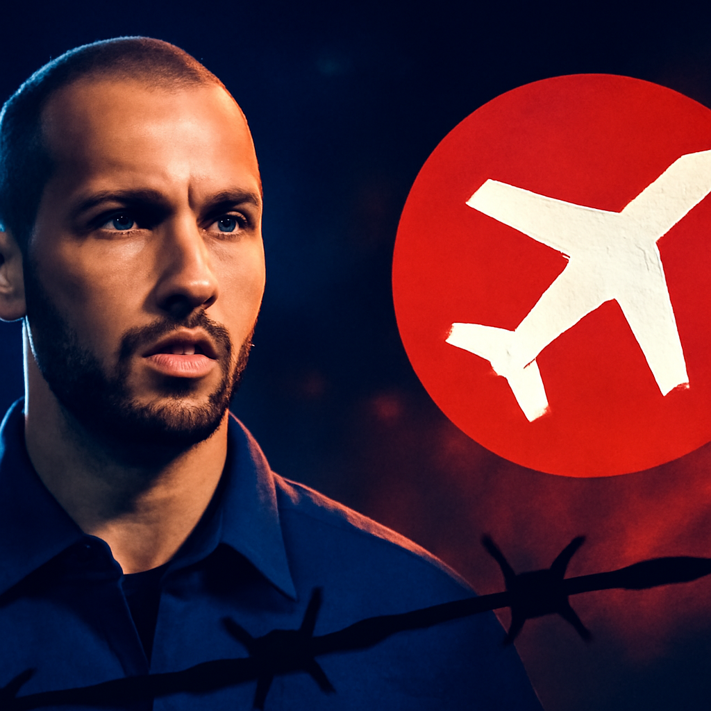 AI-generated editorial illustration for: UK prosecutors argue Tate brothers a flight risk ahead of bail hearing