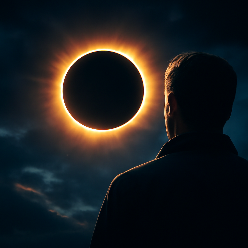 AI-generated editorial illustration for: Deux minutes de nuit en plein jour: une partie de l'Europe va vivre une éclipse solaire totale