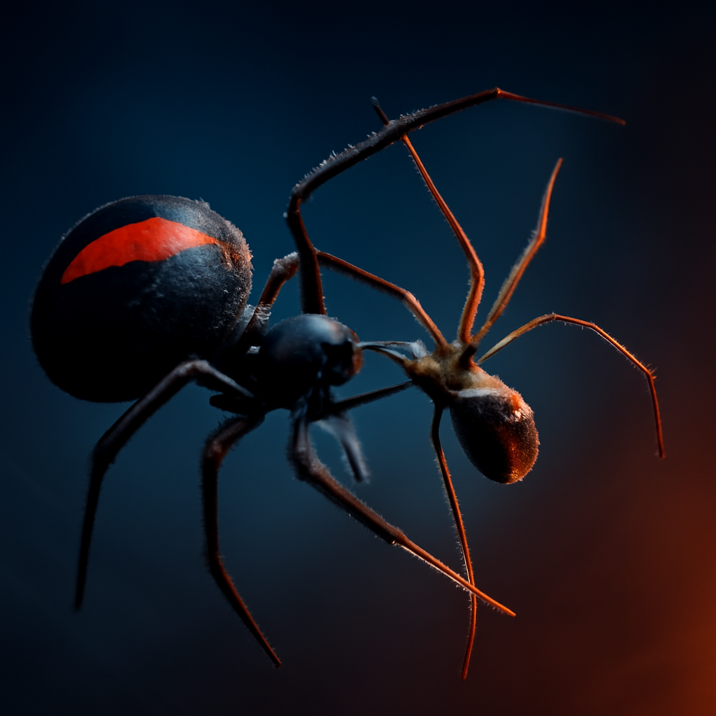 AI-generated editorial illustration for: Male redback spiders invite cannibalism through a ‘self-sacrificial somersault’ during sex – but why?