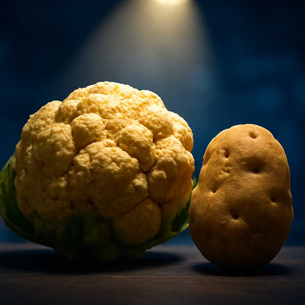 AI-generated editorial illustration for: Sun-tanned cauliflowers and knobbly spuds - the heatwave veg that's good to eat
