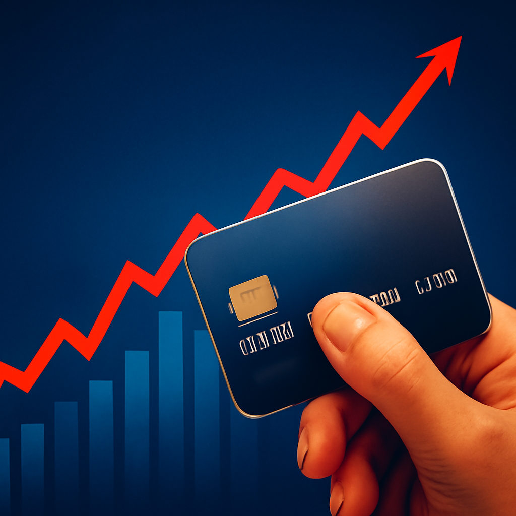 AI-generated editorial illustration for: Credit card debt surges in U.S. as high interest rates make it harder to pay off