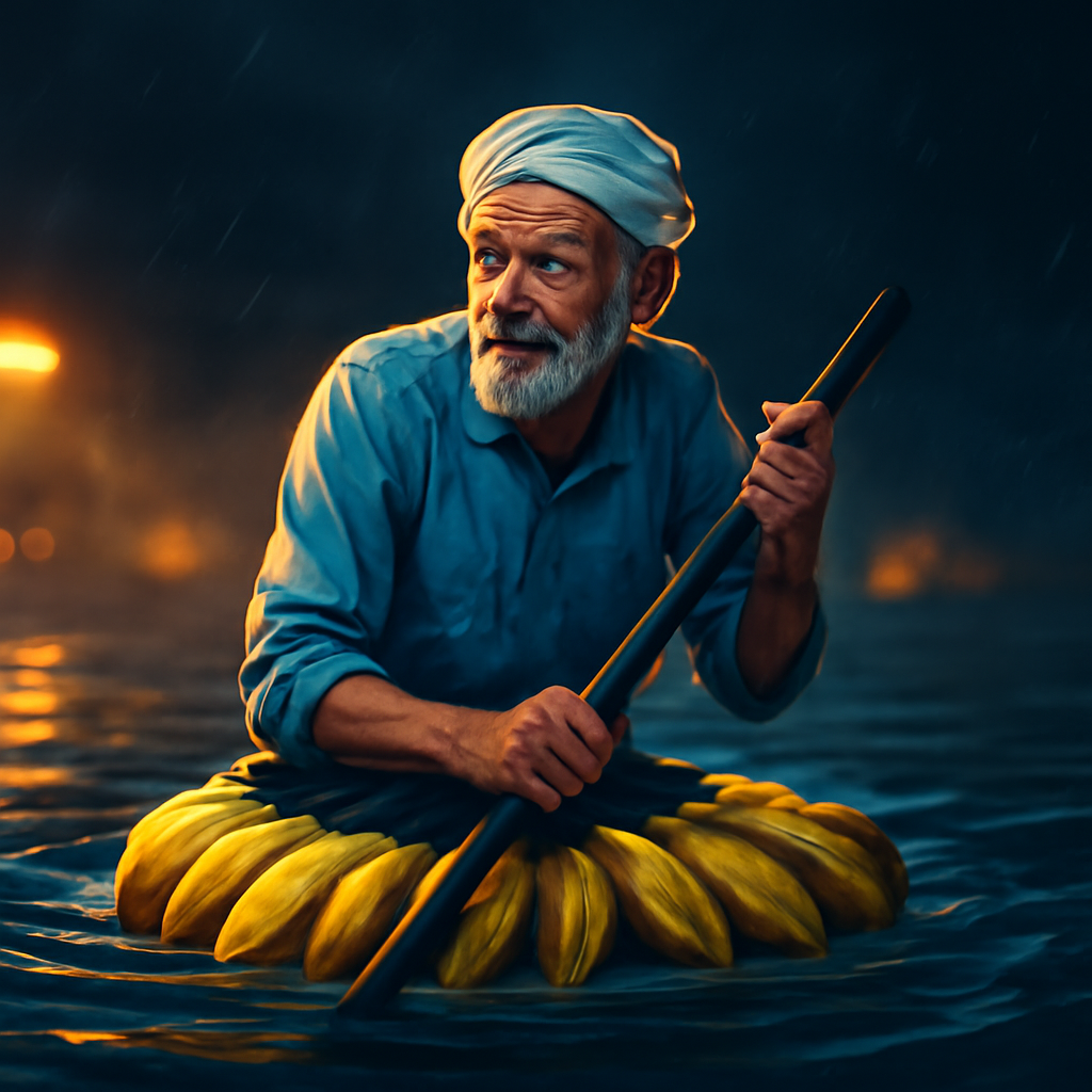 AI-generated editorial illustration for: How a 97-year-old escaped deadly Indian floods on a banana raft