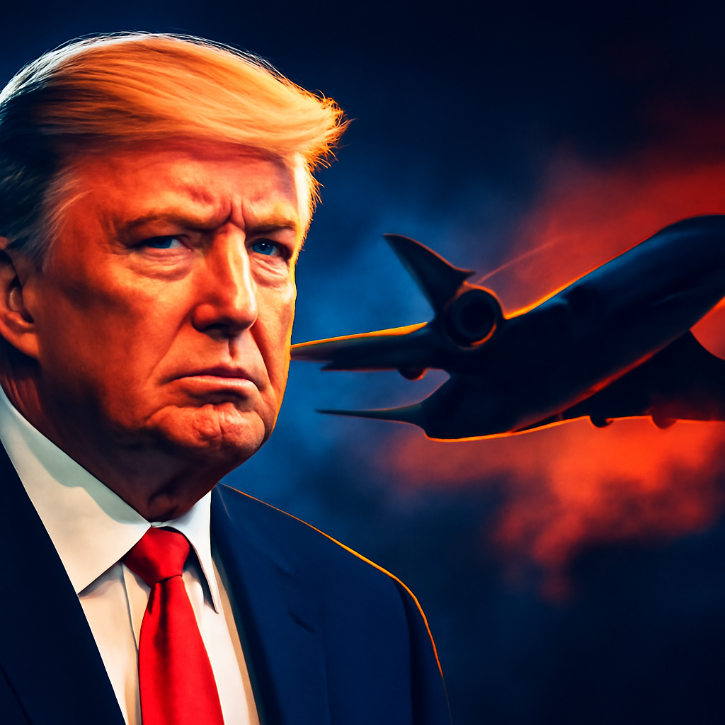 AI-generated editorial illustration for: Trump's dramatic plane swap hints at personal stakes of Iran war