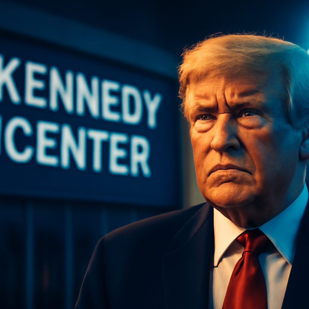 AI-generated editorial illustration for: Kennedy Center board votes to put Trump's name back on building