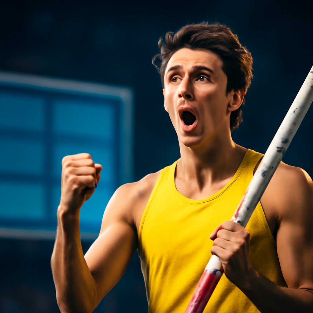 AI-generated editorial illustration for: Athlétisme : le perchiste Armand Duplantis à nouveau champion d’Europe, Baptiste Thiery en bronze