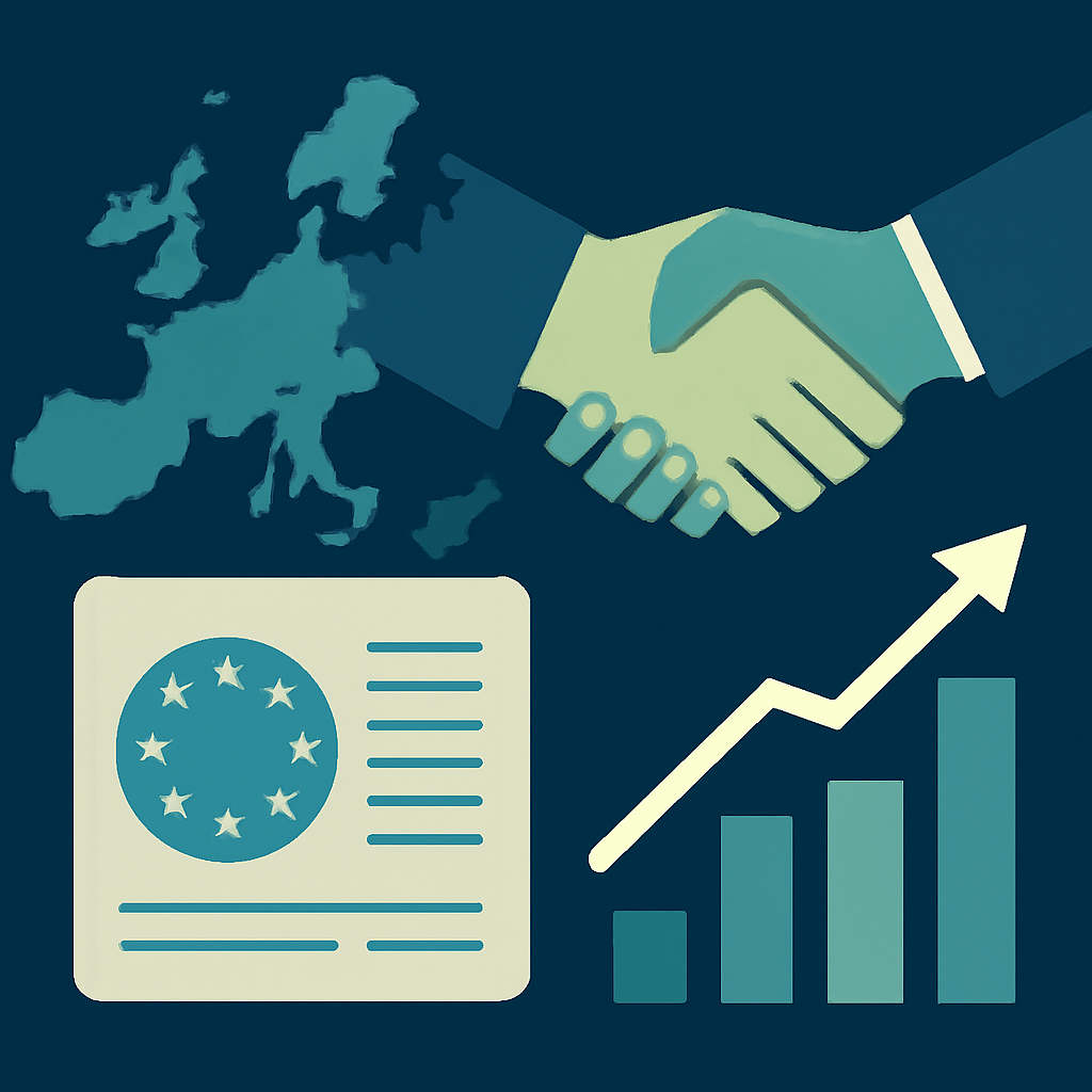 AI-generated editorial illustration for: EU strikes deal on US trade pact ahead of Trump tariff deadline