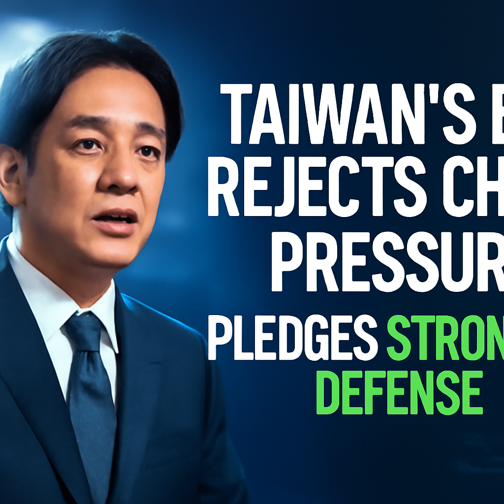 AI-generated editorial illustration for: Taiwan's Lai rejects China pressure, pledges stronger defense