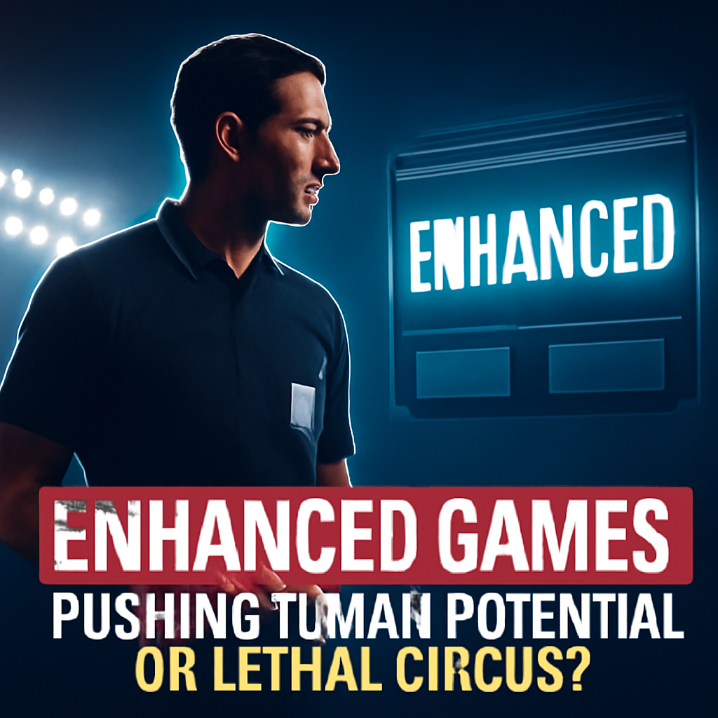 AI-generated editorial illustration for: Enhanced Games: Pushing human potential or lethal circus?