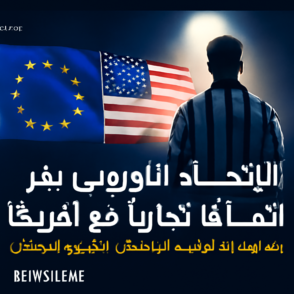 AI-generated editorial illustration for: الاتحاد الأوروبي يقر اتفاقا تجاريا مع أمريكا بعد تهديدات ترامب... و"شبكة أمان" لمواجهة الانتهاكات