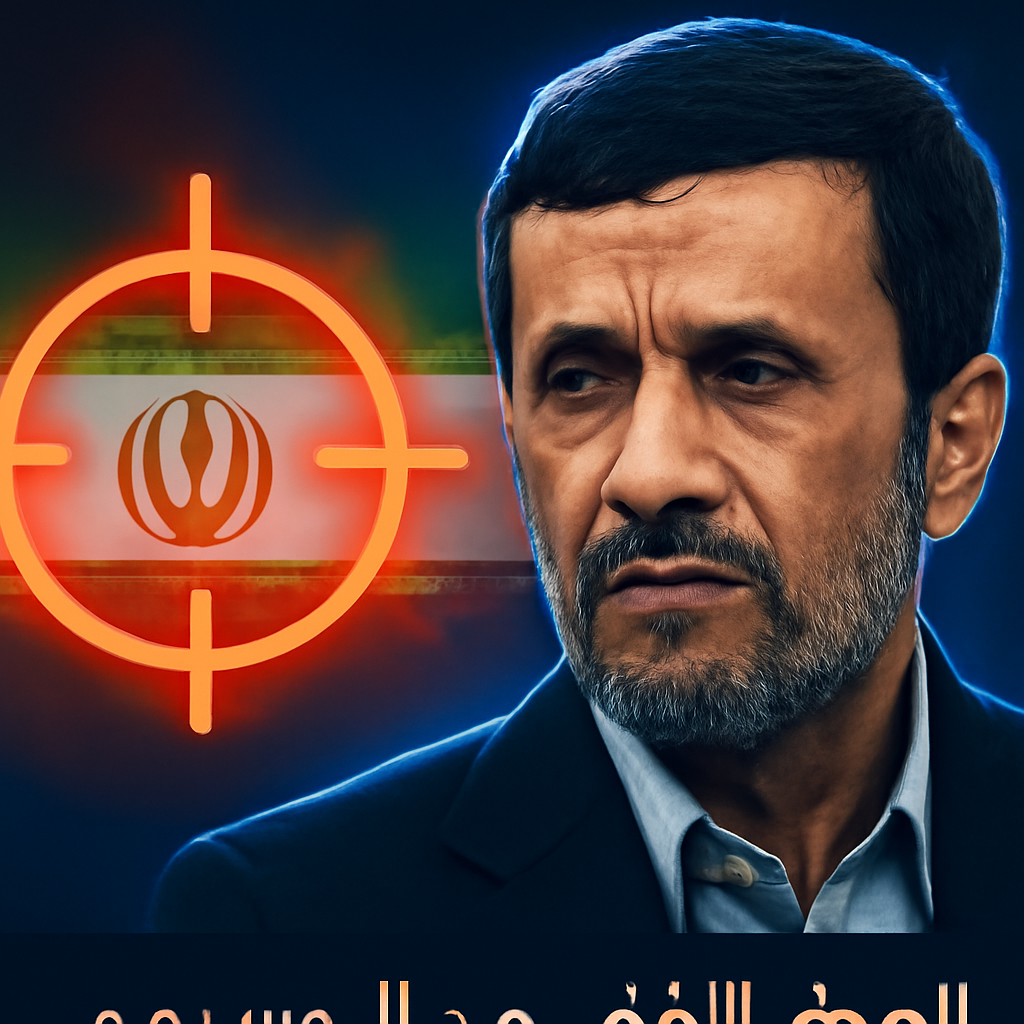 AI-generated editorial illustration for: نيويورك تايمز: الهدف الخفي من الحرب الأمريكية الإسرائيلية على إيران كان إعادة تنصيب أحمدي نجاد رئيسا للبلاد