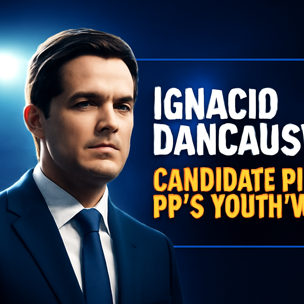 AI-generated editorial illustration for: Ignacio Dancausa, apadrinado de Ayuso, se presenta como candidato a la presidencia de Nuevas Generaciones del PP